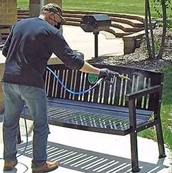 DMS-TNT350 Disinfecting Mister used on Park Bench. DMS-TNT350 Disinfecting Mister used on Park Bench.