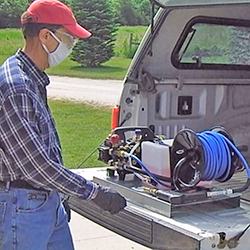 DMS-TNT350 Disinfecting Mister operating from tailgate. DMS-TNT350 Disinfecting Mister operating from tailgate.