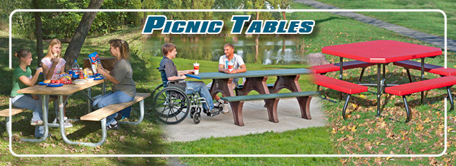 Picnic tables available in a variety of materials & colors. Picnic tables available in a variety of materials & colors.
